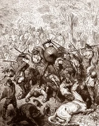 Kampen mod multererne fra Yanguas Gravering af Gustave Dore (1832-1883) for "The Ingenieux Hidalgo Don Quixotte de la Manche (Quixotte - Quijote)" af Miguel de Cervantes (1547-1616) 1863 Privat samling