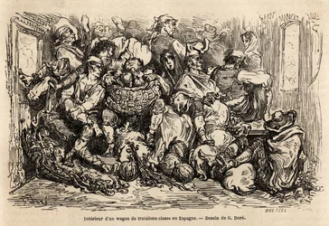 Interiøret af en tredje klasses vogn i Spanien, tegning af Gustave Dore (1832-1883), for at illustrere hans rejse til Spanien, med C. Davillier, i 1862. Indgravering i "" Le tour du monde "", redigeret af Edouard Charton