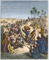 Brødets formering - Kristus fodrer mængden (Abundance Bread Christianity Crowd Engraving Fish) - indgravering i "The Bible illustree" af Gustave Dore (1832-1883) - Indgravering fra "" The Dore Bible""