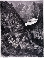 Den gamle mand, der holder en pung og sin stok, der går i et fjendtligt landskab, overvindes af en engel, der vifter med en ildsfart, Tavle VII - Illustration af Gustave Dore (1832-1883), til La legende du Jew wandering af Pierre Dupont, Edition Librairie 