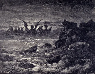 Profeten Daniel ser monstre dukke op: Haniel, Kafziel, Azriel, Aniel. Indgravering fra Bibelen illustreret af Gustave Dore. 19. århundrede