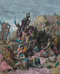 Belejringen af Ptolemais under det tredje korstog 1189 - gravering af Gustave Dore fra History of the Crusades af Joseph-Francois Michaud - Le siege de Saint Jean d