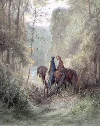 De tabte under lunde, der så ud til at være et paradis af blomster (Guenièvre og Lancelot) - i "" Guenièvre"" af Alfred Tennyson, ill. af Gustave Doré Paris, Librairie Hachette et Cie