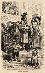 Omrejsende musikere i Valencia, tegning af Gustave Dore (1832-1883), for at illustrere hans rejse til Spanien med C.Davillier, i 1862. Indgravering i "" Le tour du monde"", redigeret af Edouard Charton