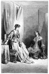 Vallombreuse knæler foran Isabelle, som han er forelsket i. Kobberstik af Gustave Dore, der illustrerer Theophile Gautiers roman "Le capitaine Fracasse", edition Charpentier 1863.