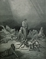 Vergil (70-19 f.Kr.) og Dante ser på edderkoppekvinden, illustration fra „Den guddommelige komedie“ (Inferno) af Dante Alighieri (1265-1321), Paris, udgivet 1885
