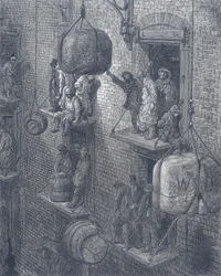 Lagerbygninger i byen London. Fra Gustave Dore og Blanchard Jerrold London: En pilgrimsrejse til London 1872.