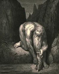 Dog satte han os blidt i afgrunden, som Lucifer dybt opsluger sammen med Judas, ca. 1890.