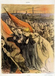 Buet skare med røde flag, "" La Grève"" af Flaschoën, deb. 20. s.