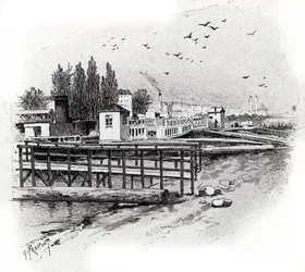 Vandbusser (pendlerbåde) reparationsværksteder på notfloden i Paris Tegning af Gustave Fraipont (1849-1923) tager udgangspunkt i "La seine a travers Paris" af Saint-Judges
