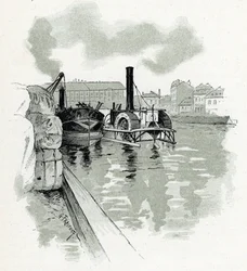 Både, der fortøjer i havnen i La Villette, Paris. Tegning af Gustave Fraipont (1849-1923) fra „La Seine à travers Paris“ af Saint-Juirs