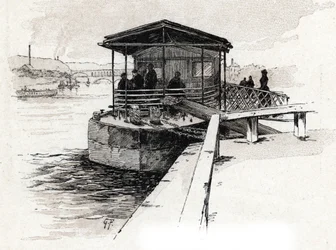 Embarcadere des Bateaux-mouches (Bateaux-mouches) sur la Seine, Paris (Udsigt over turistbådenes kaj på not-floden, Paris) Tegning af Gustave Fraipont (1849-1923) tager fra Saint-Juirs "" La seine a travers Paris ”
