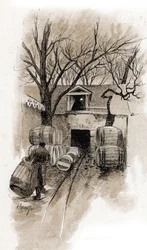 Indgang til kælderen i Bercy-varehusene, Paris Tegning af Gustave Fraipont (1849-1923) tegner fra "La seine a travers Paris" af Saint-Juirs
