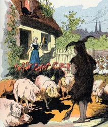Tjenestepige æselskind Illustration af Gustave Fraipont til "" Cane skin"" (Ane skin) fortælling af Charles Perrault (1628-1703), fransk forfatter (Illustration til "Donkeyskin"" fransk litterært eventyr) Privat samling