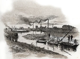 Ivry sur Seine, trætog (Tømmerrafting på Seine-floden, Ivry-sur-Seine) Tegning af Gustave Fraipont (1849-1923) tager fra "La seine a travers Paris" af Saint-Juirs