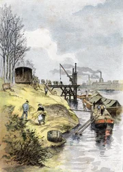 Havnearbejdere læsser æbler i biler på quai de Bercy, Paris Tegning af Gustave Fraipont (1849-1923) tegner fra "La seine a travers Paris" af Saint-Juirs