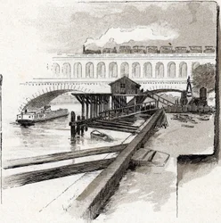 Le viaduct du point du Jour, Boulogne-Billancourt (Udsigt over viaduktbroen i Point du jour-distriktet, Boulogne Billancourt) Tegning af Gustave Fraipont (1849-1923) fra Saint-Juirs