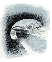 Les ecluses du canal saint Martin, paris (Udsigt over sluserne af kanalen Saint-Martin, Paris) Tegning af Gustave Fraipont (1849-1923) tager fra "La seine a travers Paris" af Saint-Juirs