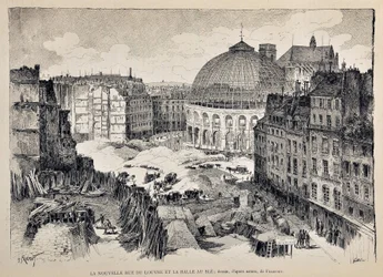 Den nye Rue du Louvre og Halle au Ble i Paris i 1887. illustration af Gustave Fraipont (1849 - 1923). Indgravering fra 1887 i "" Paris-Illustrous journal weekly"".