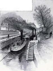 Trækbåde af slusen på Seinen foran Hotel des Monnaie, Paris Tegning af Gustave Fraipont (1849-1923) fra Saint-Juirs