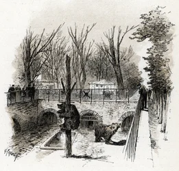 Udsigt over bjørnegraven i Zoo du Jardin des Plantes, Paris Tegning af Gustave Fraipont (1849-1923) er hentet fra "La seine a travers Paris" af Saint-Juirs