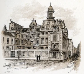 Udsigt over Hotel de la Valletta på Quai des Celestins, Paris (Udsigt over Hotel Valette på quai des Celestins, Paris) Tegning af Gustave Fraipont (1849-1923) tager udgangspunkt i Saint-Juirs