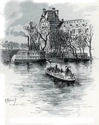 Udsigt over Pavillon de Flore, Palais du Louvre, fra Quai Voltaire, Paris (Udsigt over Pavillon de Flore-delen af ​​Louvre-paladset fra quai Voltaire, Paris) Tegning af Gustave Fraipont (1849-1923) fra Saint-Juirs