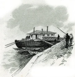 Udsigt over båden, hvor handlende betalte tilskuddet fra Seine for at kunne importere varer, quai de Bercy a Paris (Udsigt over båden i quai de Bercy, hvor handlende betalte tilskuddet, afgift for at importere varer, Paris) Tegning af Gustave Fraipont ( 18