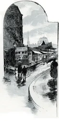 Udsigt over brocanteurs på hjørnet af rue de la bucherie i Paris (genbrugsbutikker i rue de la Bucherie, Paris) Tegning af Gustave Fraipont (1849-1923) tager fra "La seine a travers Paris" af Saint- Juirs