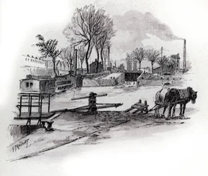 Udsigt over kanalen Saint-Denis og quai de la Gironde a la Villette, Paris (Udsigt over canal saint Denis og quai de la Gironde i Villette-distriktet, Paris) Tegning af Gustave Fraipont (1849-1923) fra Saint-Juirs