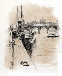 Udsigt over firmaet Seine et Thames, hvis både forbinder Paris og London Tegning af Gustave Fraipont (1849-1923) tegner fra "La seine a travers Paris" af Saint-Juirs
