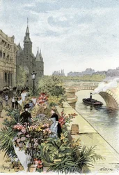 Udsigt over blomstermarkedet, Ile de la Cite, Paris Tegning af Gustave Fraipont (1849-1923) fra Saint-Juirs