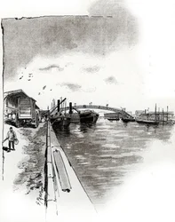 Udsigt over gangbroen ved Canal de la Villette, Paris (Gangbro over Canal de la Villette, Paris) Tegning af Gustave Fraipont (1849-1923) er hentet fra "La seine a travers Paris" af Saint-Juirs