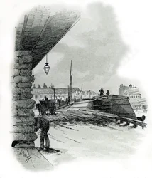 Udsigt over hangarerne i havnen i La Villette i Paris (både og skur fra havnen i La Villette, Paris) Tegning af Gustave Fraipont (1849-1923) er hentet fra "La seine a travers Paris" af Saint-Juirs