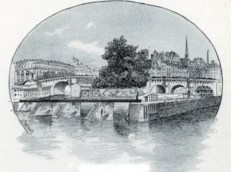 Udsigt over Monnaie-slusen foran Hotel des Monnaie i Paris Tegning af Gustave Fraipont (1849-1923) stammer fra Saint-Juirs