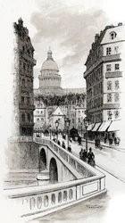 Udsigt over rue de Bellay og kuplen af Pantheon, Paris (Udsigt over rue du Bellay og Pantheons kuppel, 5. distrikt, Paris) Tegning af Gustave Fraipont (1849-1923) fra Saint-Juirs