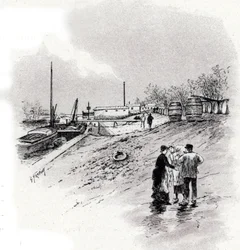 Udsigt over notflodens bredder og kajen Saint-Bernard, Paris Tegning af Gustave Fraipont (1849-1923) henter fra "La seine a travers Paris" af Saint-Juirs