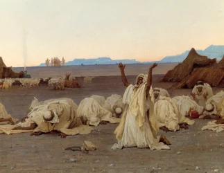 Aftenbøn i Saharaørkenen. Detalje af tuareg-lejren. Maleri af Gustave Achille Guillaumet (1840-1887), 1863. Mål 1,3x2,8 m. Paris, Musée d