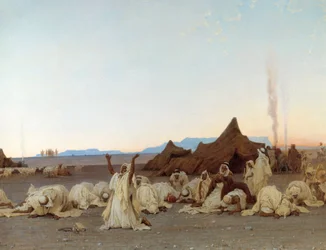 Aftenbøn i Saharaørkenen. Detalje af tuaregernes lejr. Maleri af Gustave Achille Guillaumet (1840-1887), 1863. Sol. 1,3x2,8 m. Paris, Musée d