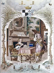 Madame de Sevigne i Hotel Carnavalet nytårsdag, Paris, ca. 1900 (farve litho)