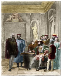 Leonard de Vinci ved hoffet til kongen af Frankrig Francois 1. (Leonardo da Vinci alla corte del re di Francia Francesco primo).19. århundrede gravering af Gustave Greux. Privat samling.