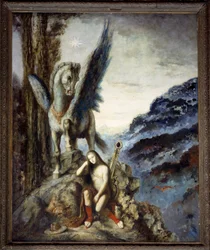 Den rejsende digter, en tænkende rejsende i meditation nær den bevingede hest Pegasus