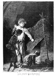 Gavroche og hans to brødre i Bastille-elefanten, illustration fra «Les Misérables» (1845-62) af Victor Hugo (1802-85), ca. 1885