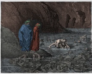Inferno, Canto 32: Ugolino (Ugolin della Gherardesca) gnaver i hovedet af ærkebiskop Ruggieri (Ruggeri Ubaldini), illustration fra Den guddommelige komedie af Dante Alighieri, 1885 (digitalt farvet og