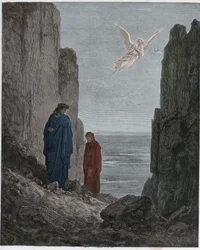 Purgatorio, Canto 19: Digterne stiger op til den femte cirkel, illustration fra Den guddommelige komedie af Dante Alighieri, 1885 (digitalt farvet gravering)