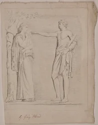Fuld længde klassisk draperet kvindelig stående ved et træ, der skaleres af en slange