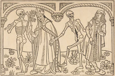 Døden tager biskoppen og adelsmanden, fra «La danse macabre des femmes. Et le debat du corps et de l