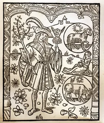 Hyrdekalender - Månedernes arbejde - April - Træsnit fra bogen fra 1496 trykt af Guy Marchant (Guido Mercator) i Troyes - Træstik i "Le grand Calendrier et compost des shepherds" -