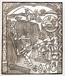 Hyrdekalender - Månedernes arbejde - August - Træsnit fra bogen fra 1496 trykt af Guy Marchant (Guido Mercator) i Troyes - Træstik i "Le grand Calendrier et compost des shepherds" -