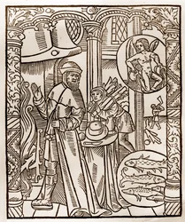 Hyrdekalender - Månedernes Arbejde - Februar - Træsnit fra bogen fra 1496 trykt af Guy Marchant (Guido Mercator) i Troyes - Træstik i "" Le grand Calendrier et compost des shepherds"" -